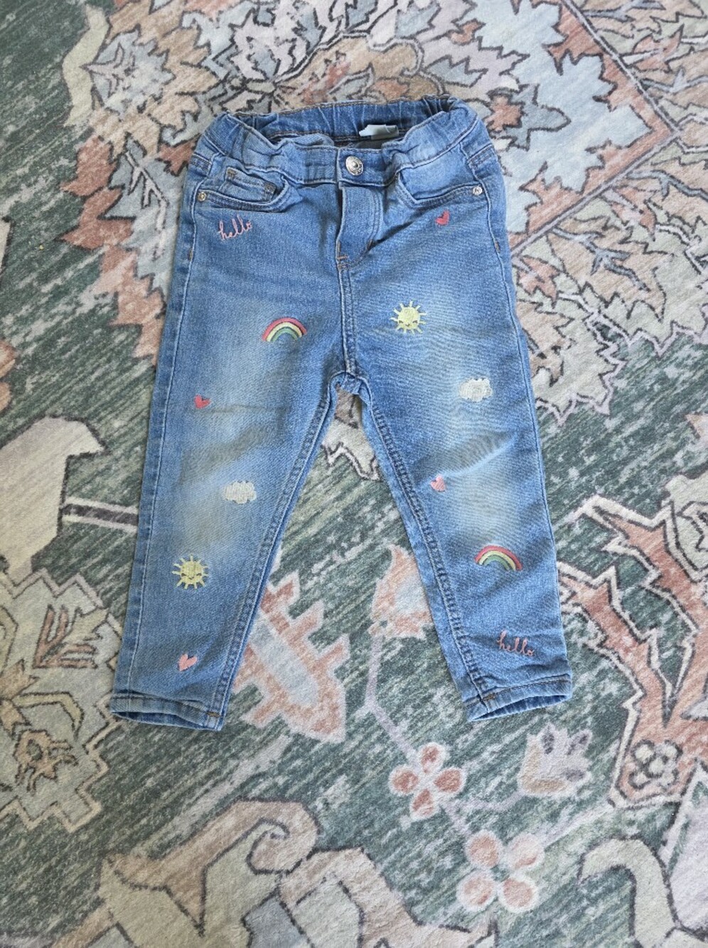 Toddler Denim Jeans with Rainbow & Sun Embroidery